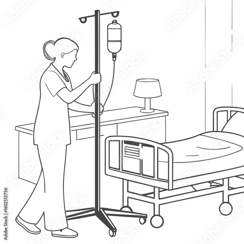Nurse with IV Drip in Hospital Room Line Art Illustration
