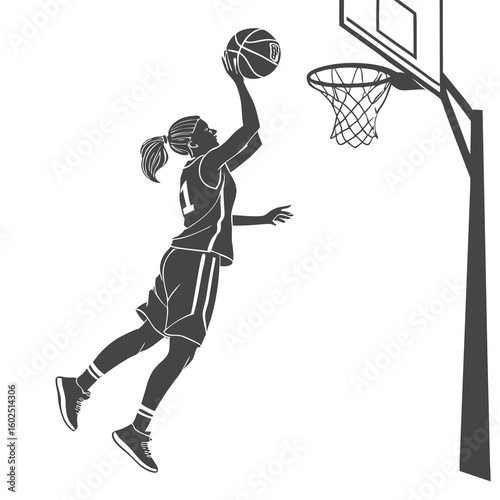 Female Basketball Player Jumping for Layup – Black and White Vector Illustration
