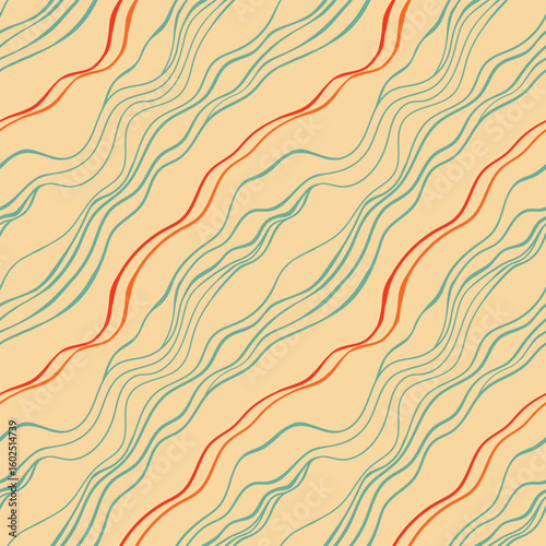 Retro Wavy Stripes Seamless Pattern Seamless retro-inspired pattern featuring abstract wavy lines in warm vintage tones of orange, turquoise, and beige. Hand-drawn diagonal stripes create a flowing
