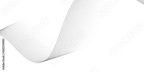 Flowing dots particles wave pattern 3D curve halftone black gradient curve shape isolated on white background. Vector in concept of technology, science, music, modern vector wave