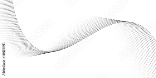 Flowing dots particles wave pattern 3D curve halftone black gradient curve shape isolated on white background. Vector in concept of technology, science, music, modern vector wave