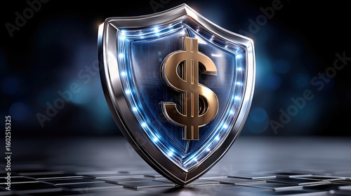 Digital security shield with dollar symbol, representing financial protection and cybersecurity. modern design with glowing elements evokes trust