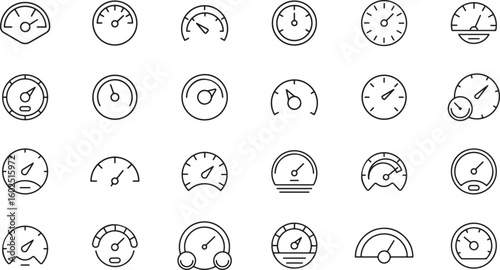 Speedometer and Gauge Icon Set – Speed, Meter, Dashboard, Measurement, RPM, Dial, Car, Performance, Indicator, Fuel, Needle, Line Art, Instrument, Vehicle, Symbol