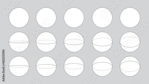 様々な角度から見たカットされた球のセット。図形のベクターイラスト