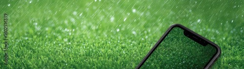Nature escape from tech,Smartphone on green grass with rain drops showing nature escape from tech in refreshing outdoor scene
