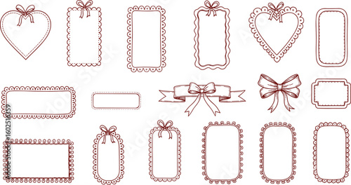 Doodle hand drawn coquette frames with hearts, wavy lines, bows and ribbons. 