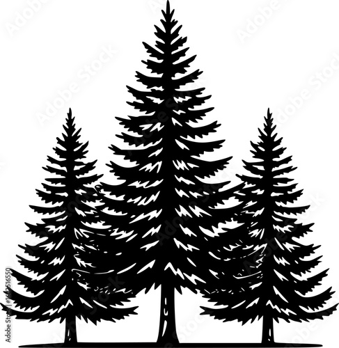 a black and white drawing of three pine trees, minimalist drawing, vector graphics, white background

