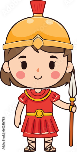 A cheerful cartoon girl, dressed as a Roman soldier, stands proudly holding a spear.