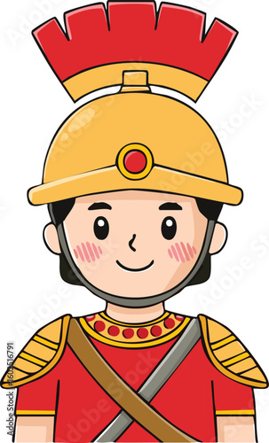 A cartoon illustration of a Roman soldier smiling, facing forward.