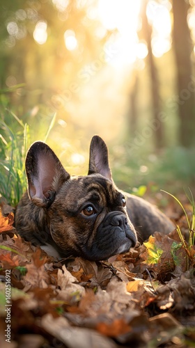 Brindle French Bulldog in Autumn Forest with Fallen Leaves – Serene Pet Portrait Featuring Warm Light, Emotional Presence, and Seasonal Nature