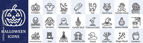 Halloween Icons Collection with Spooky Symbols and Classic Characters