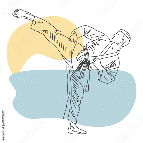 Karate Master Performing Side Kick Line Art Vector Illustration
