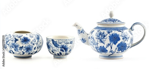 Blue and white floral tea set