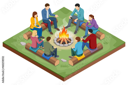 Friends Around Campfire. An Isometric illustration of friends sitting on logs around a warm campfire in a forest, enjoying conversation and the peaceful outdoor atmosphere
