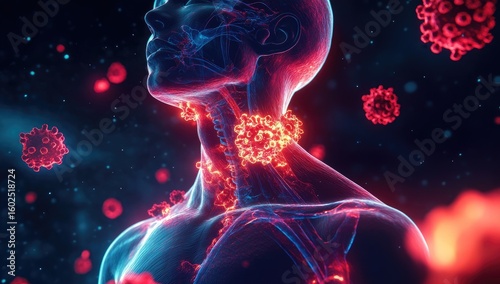 3D medical illustration of viral infection in the neck