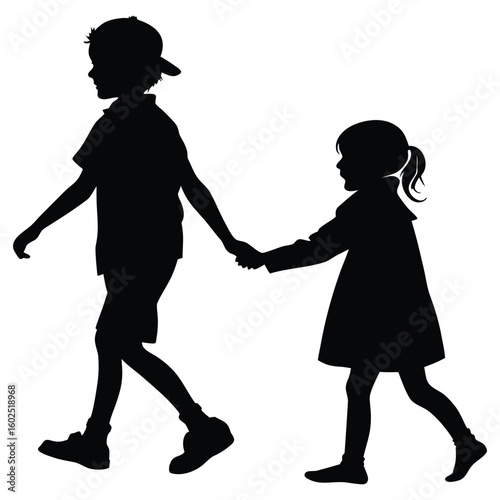 silhouette of two children holding hands black digital art isolated on white background