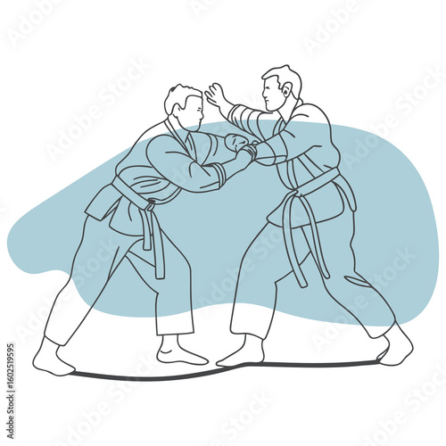 Two Martial Artists Practicing Grappling – Minimalist Line Art with Abstract Blue Background
