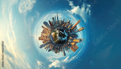 City sphere within a cloudy sky