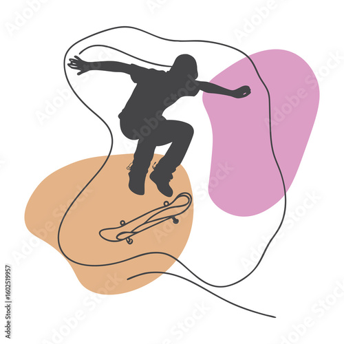 Silhouette of Skateboarder Performing Trick – Abstract Line Art with Color Blobs
