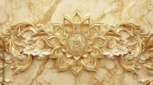 background, model of ceiling decoration with 3d wallpaper. decorative frame on gold marble luxurious background and mandala