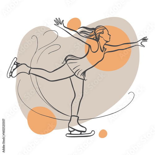 Figure Skater in Graceful Pose – Line Art Illustration with Abstract Background
