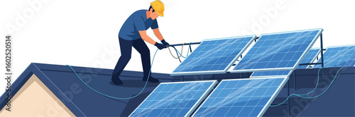 Solar panel installation worker installing photovoltaic cells on rooftop system