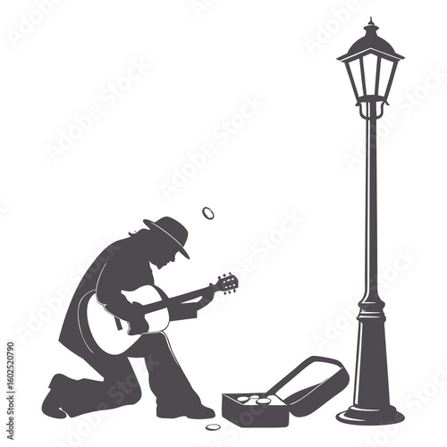 Silhouette of Street Musician Playing Guitar Under Lamp Post
