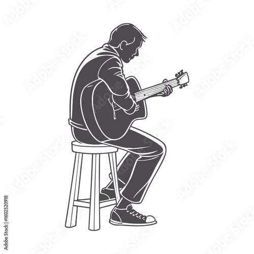 Silhouette of Man Playing Acoustic Guitar While Sitting on Stool
