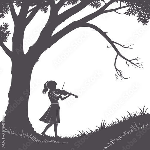Silhouette of Girl Playing Violin Under Tree in Nature
