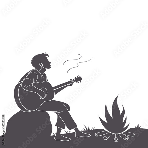 Silhouette of Man Playing Guitar by Campfire Outdoors
