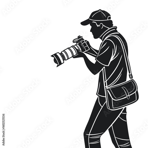 Silhouette of Male Photographer with Camera and Shoulder Bag Isolated on White Background  
