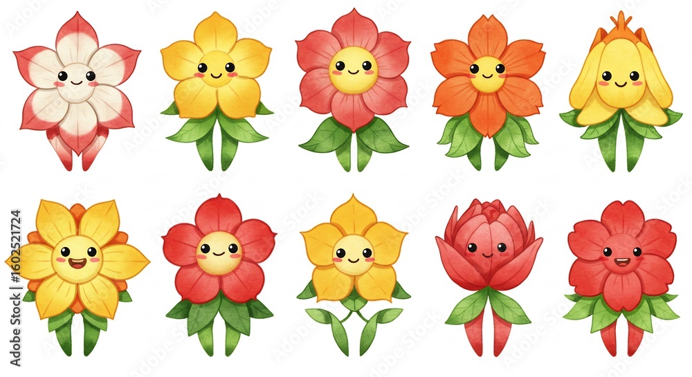 Fototapeta premium Blooming Kawaii Flower Buddies: Cute Character Set
