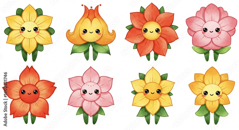 Fototapeta premium Kawaii Bloom: A Collection of Charming Flower Characters
