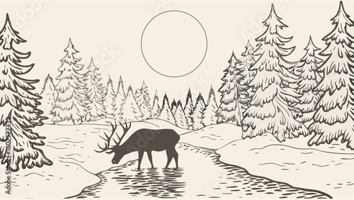 A drawing of a deer walking through a river in a forest with a circle in the sky at daytime time silhouette