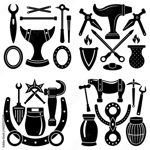 Illustration of blacksmithing tools and equipment in a stylized black and white vector design set