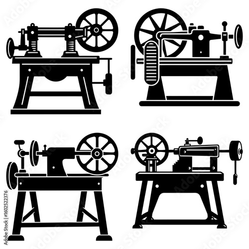 Four antique lathe machines with flywheels and stands in black silhouette on a white background design