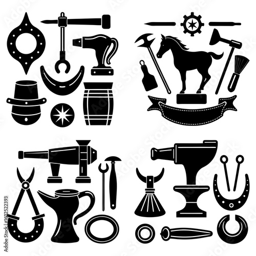 Illustration showing a collection of blacksmithing tools and related objects in a silhouette style design