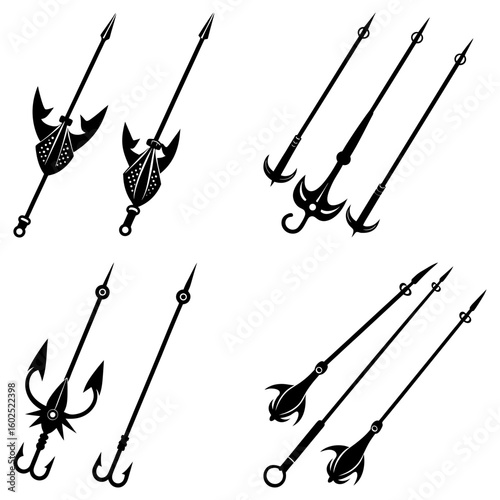 Illustration of various fishing spears and harpoons with different hook designs in black and white style