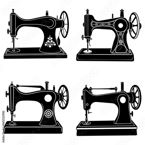 Four vintage sewing machines in black silhouette with intricate details and classic design elements shown