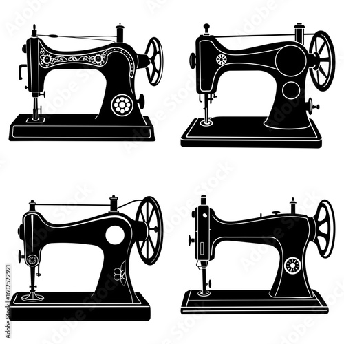 Four vintage sewing machines in black silhouette on a white background in a square arrangement style