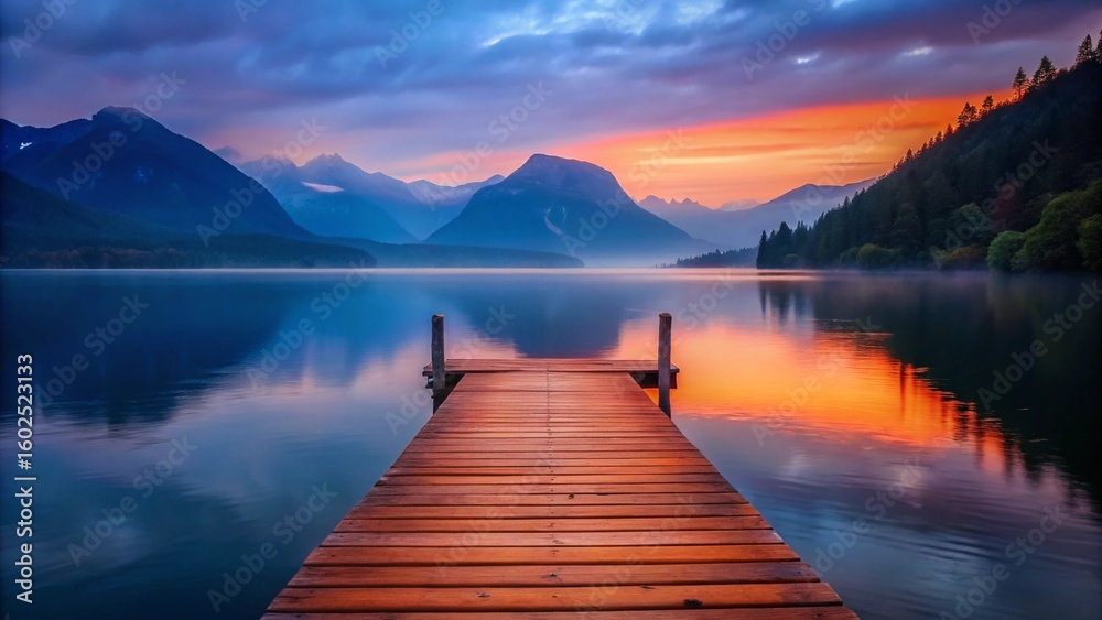 Fototapeta premium Orange Wooden Dock on Still Lake with Misty Mountains