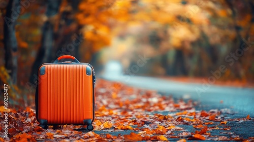 Orange suitcase on autumn leaves near countryside road