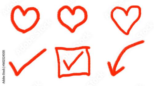Three hand drawn red hearts and three red checkmarks in a square and two lines on a black background