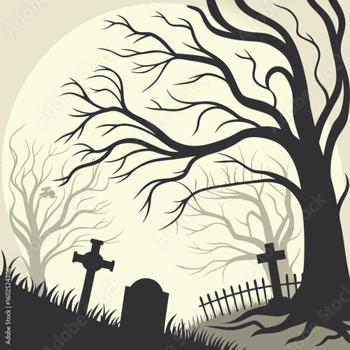Spooky Graveyard Scene with Bare Trees and Full Moon
