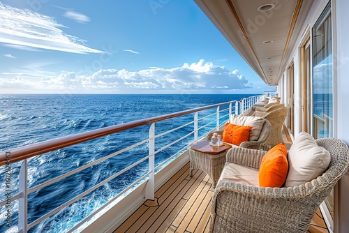 A close-up view of a cruise ship balcony with plush chairs, a table, and stunning ocean views stretching to the horizon. 