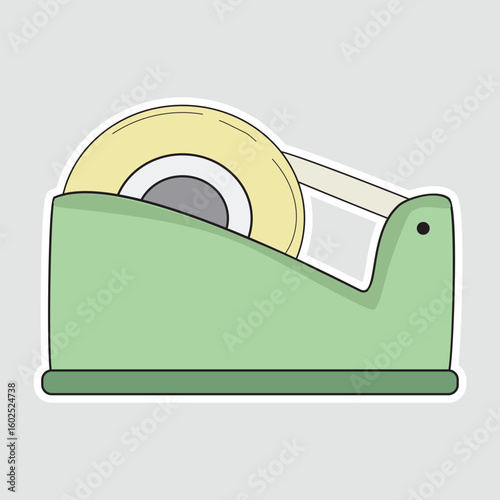 Green Tape Dispenser Vector Illustration Sticker. A detailed vector illustration of a green tape dispenser with a roll of tape, perfect for office, school, and stationery designs