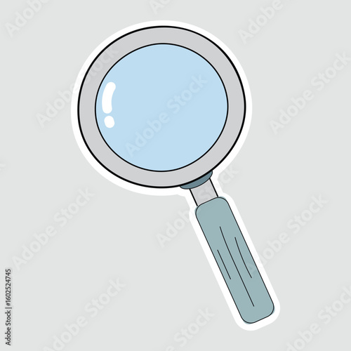 Magnifying Glass Vector Illustration Sticker. A detailed vector illustration of a magnifying glass sticker with a blue lens and a grey handle, ideal for educational and detective themes