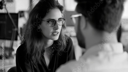 Woman in glasses talking intimately to man in an apartment setting.
