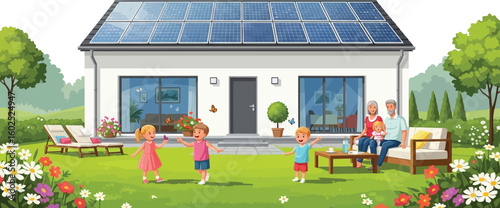 Solar panels home with happy family enjoying renewable energy in backyard