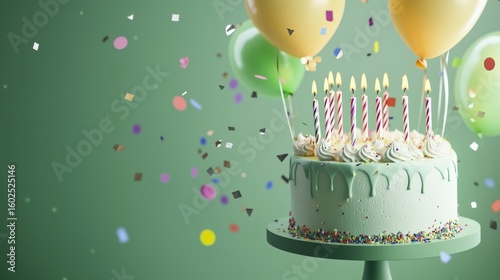 Green birthday cake with candles, balloons and confetti on green background 